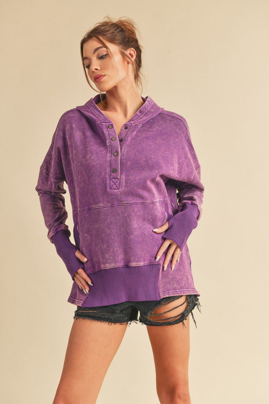 Washed Vivi Pullover: Purple distressed hoodie with ribbed cuffs