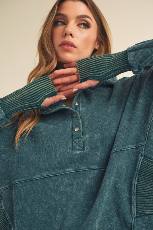 Cozy teal washed Vivi Pullover sweatshirt with ribbed cuffs