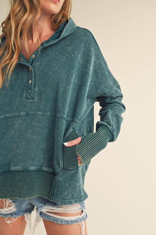 Cozy teal distressed cotton Washed Vivi Pullover hoodie with ribbed cuffs