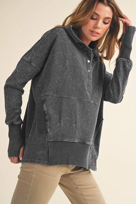 Dark gray distressed knit Washed Vivi Pullover hoodie with ribbed cuffs