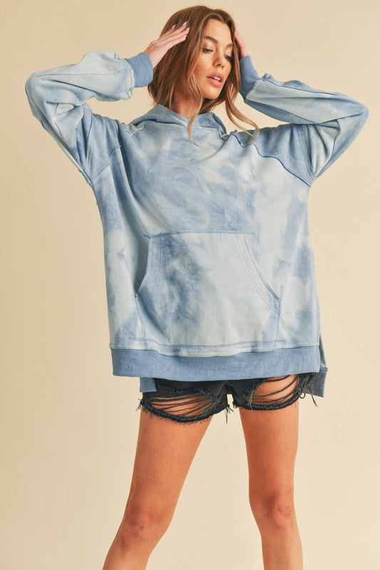 Kalia Tie Dye Hoodie: soft oversized light blue relaxed fit with ribbed cuffs