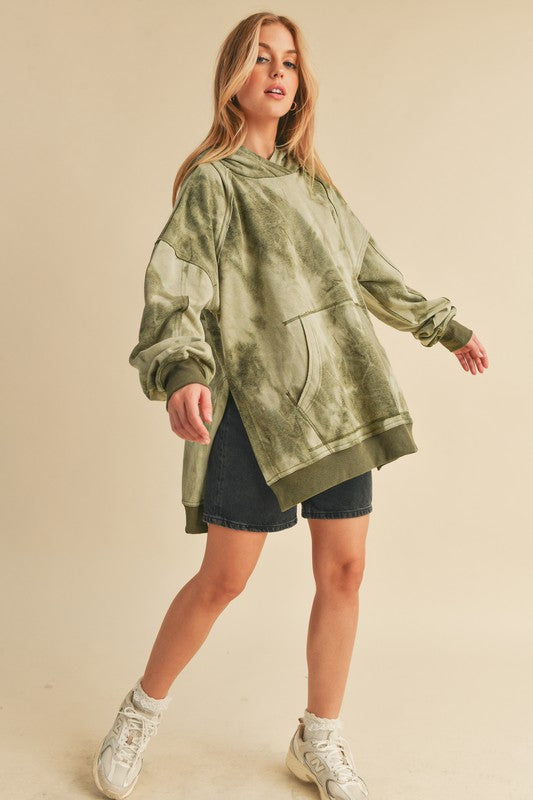 Kalia Tie Dye Hoodie: Olive green oversized relaxed fit with front pocket