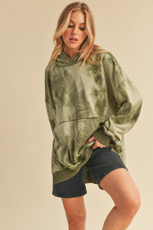 Kalia Tie Dye Hoodie in olive green oversized relaxed fit with pocket