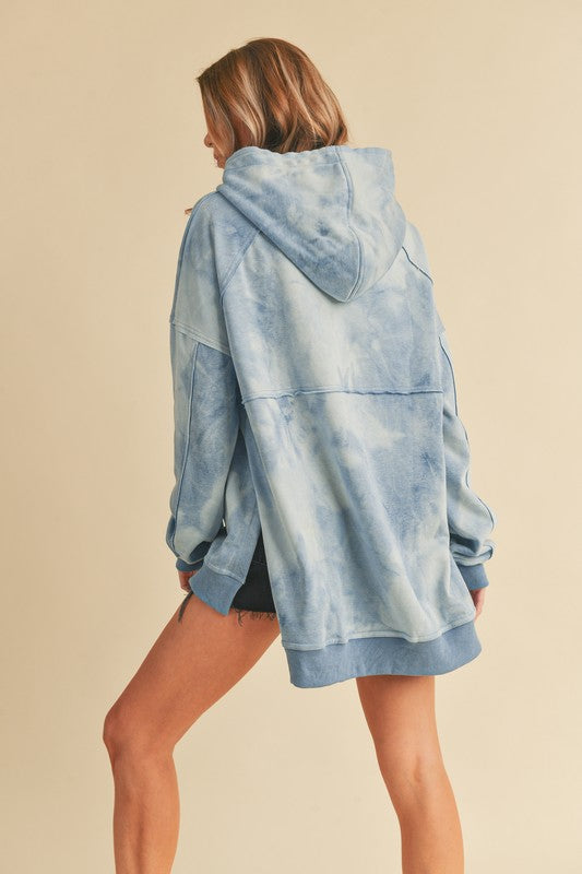 Kalia Tie Dye Hoodie in loose light blue faded denim texture