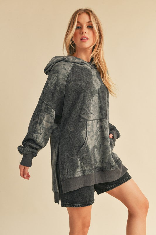 Kalia Tie Dye Hoodie: dark gray relaxed fit with front pockets