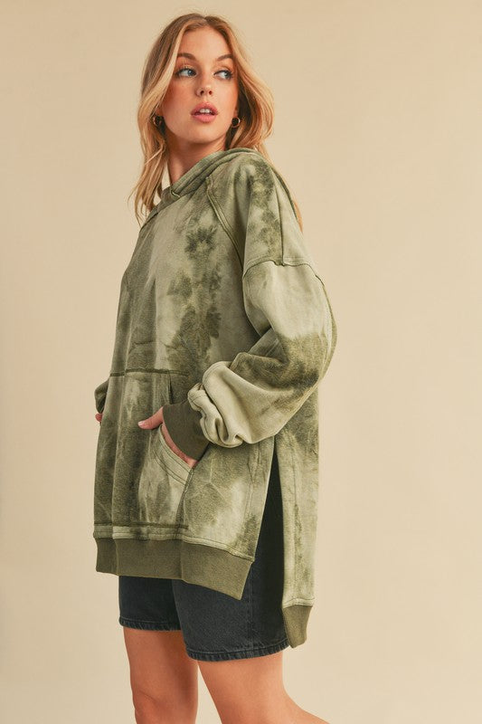 Kalia Tie Dye Hoodie in olive green oversized relaxed fit with pockets