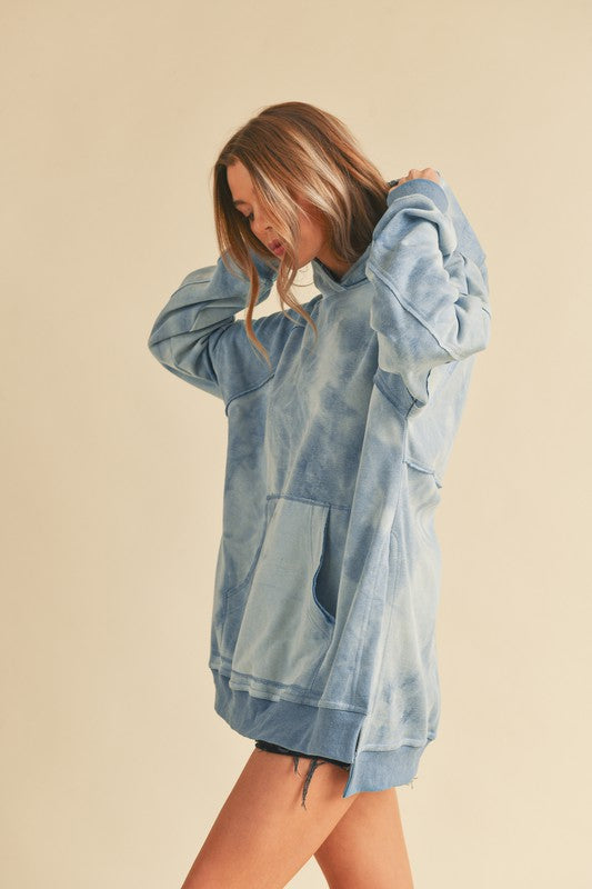 Kalia Tie Dye Hoodie: light blue oversized distressed look with pockets