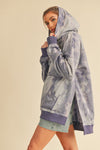 Kalia Tie Dye Hoodie in faded gray-purple pattern with purple trim
