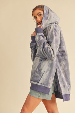 Kalia Tie Dye Hoodie in faded gray-purple pattern with purple trim
