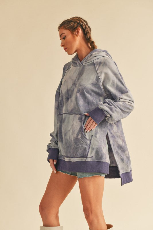 Kalia Tie Dye Hoodie in soft oversized muted blue gray pattern with purple cuffs