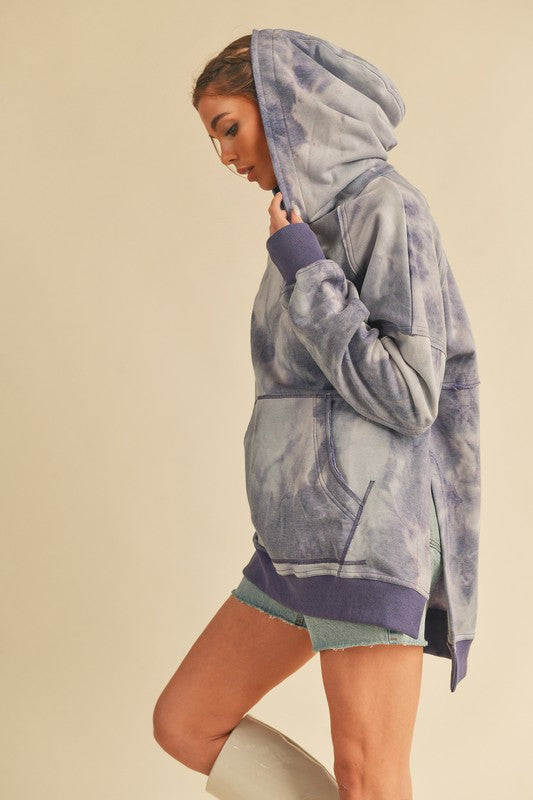 Kalia Tie Dye Hoodie in soft blue-gray pattern with purple trim