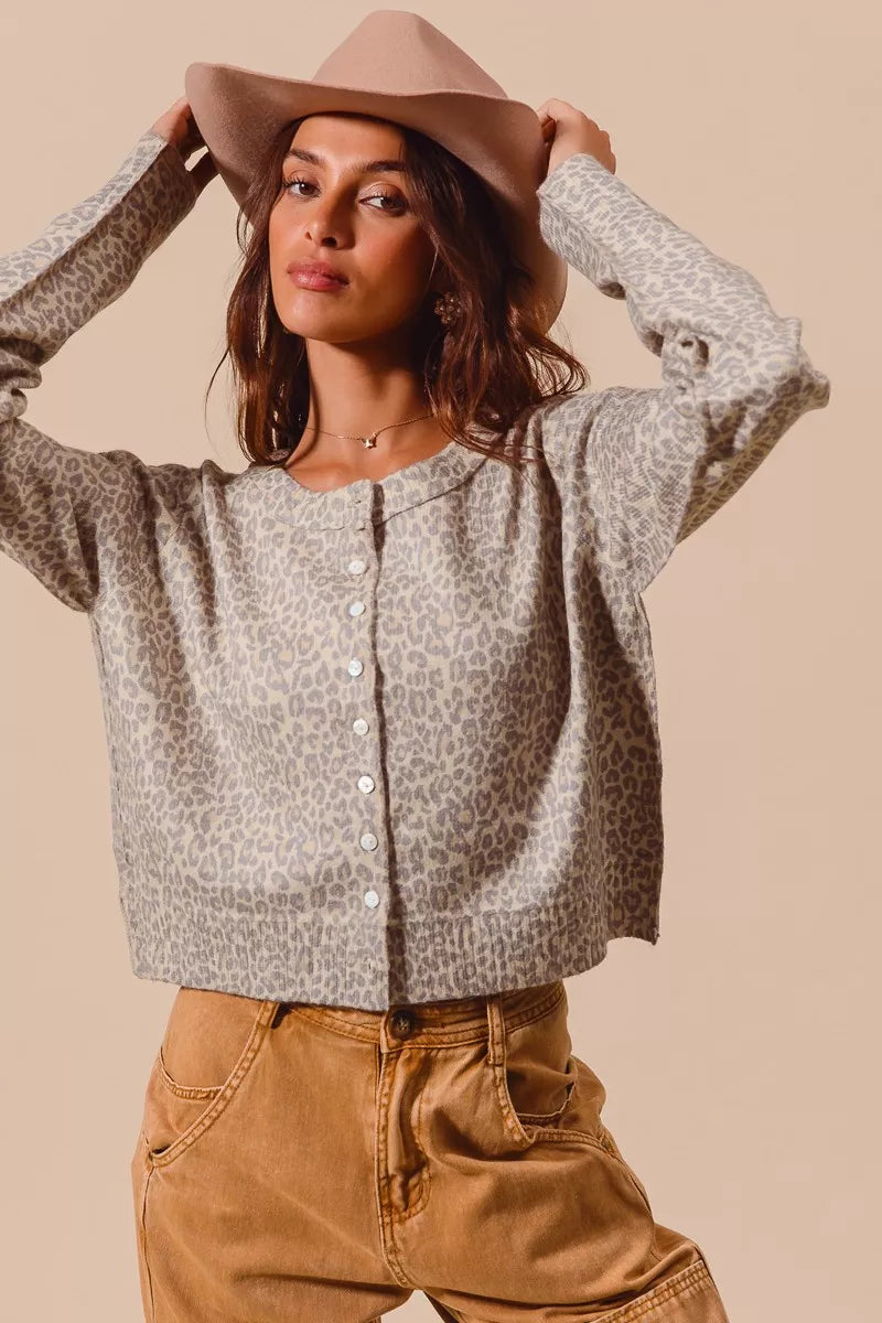 SO ME Two Tone Leopard Vintage Print Button Up Cardigan | Cardigans Daverri Fashions