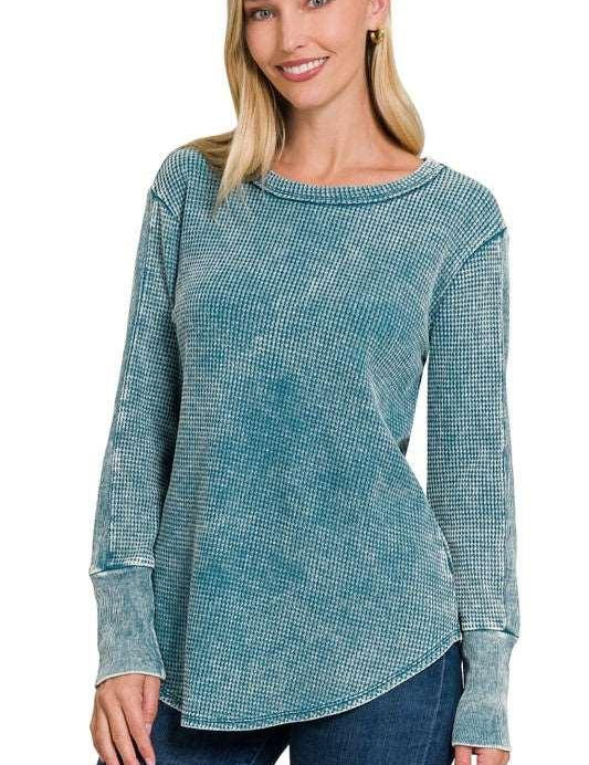 Zenana Round Neck Waffle Knit Top Shirts & Tops