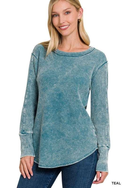 Zenana Round Neck Waffle Knit Top TEAL Shirts & Tops