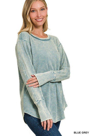 Zenana Round Neck Waffle Knit Top BLUE GREY Shirts & Tops