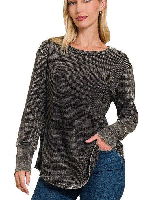 Zenana Round Neck Waffle Knit Top Shirts & Tops