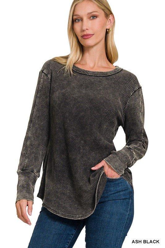 Zenana Round Neck Waffle Knit Top ASH BLACK Shirts & Tops