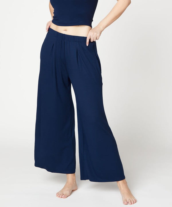 Full Size Bamboo Ankle Length Wide Leg Pants SLATE NAVY Bottoms