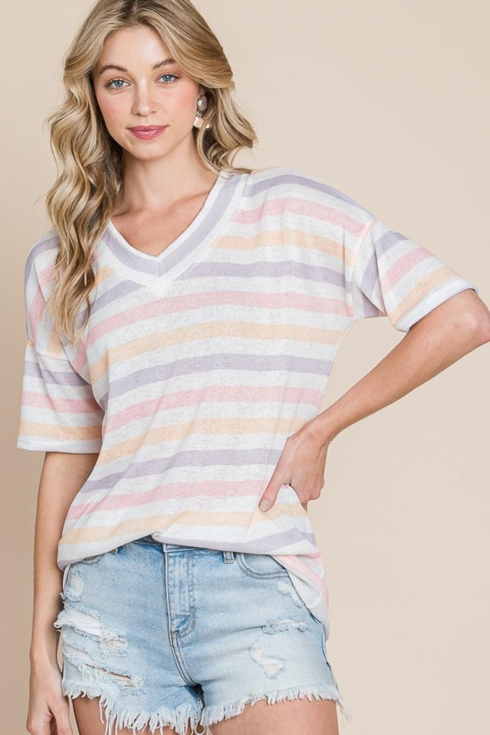 BOMBOM Striped V-Neck Short Sleeve T-Shirt T-Shirts