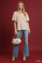 Umgee Texture Puff Sleeve Notched Blouse Stone | Blouses Daverri Fashions