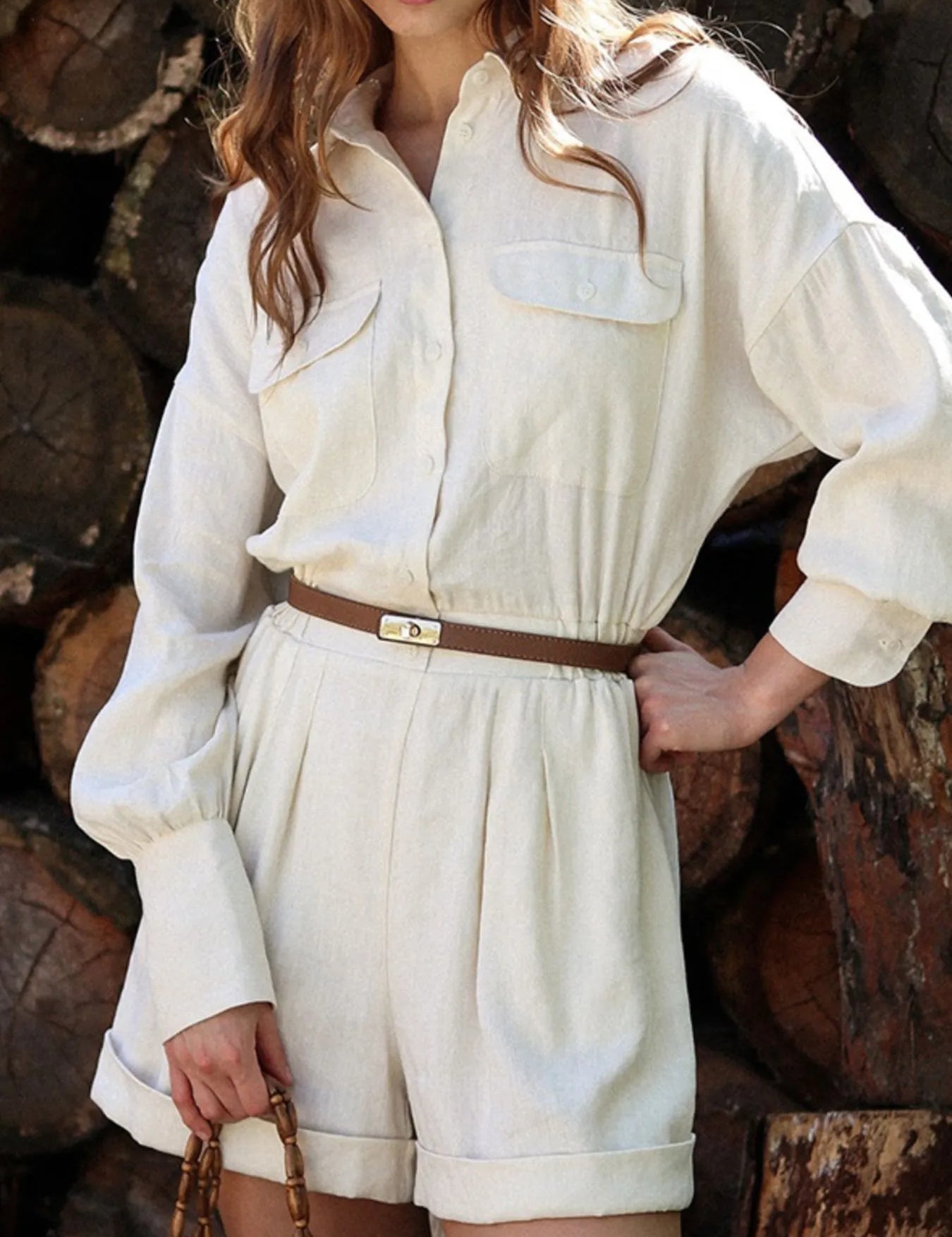 Beige Casual Button Front Long Sleeve Romper | Rompers Daverri Fashions