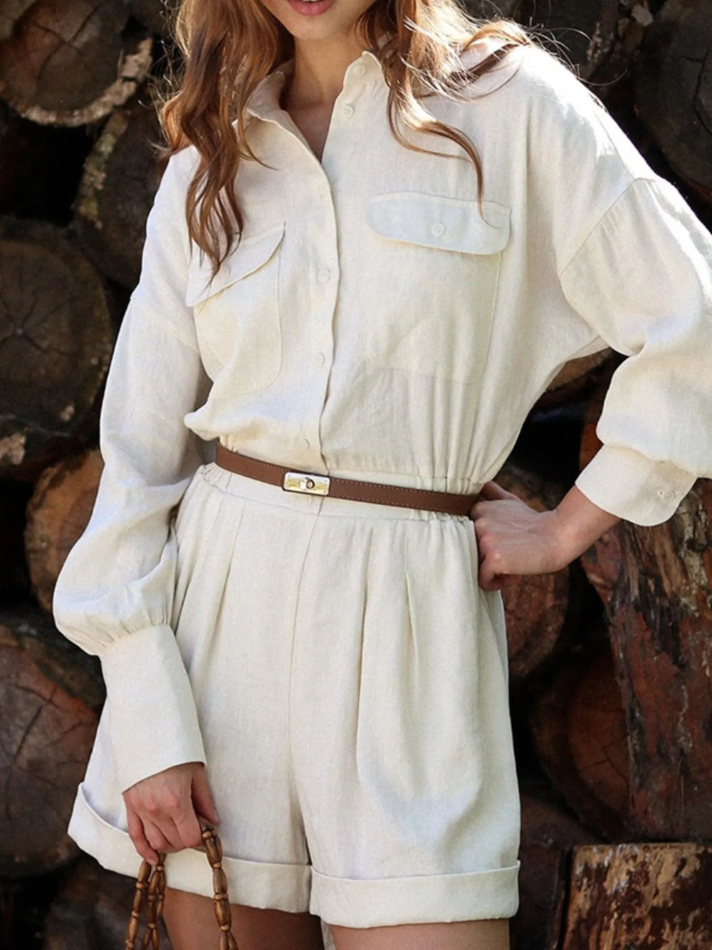 Beige Casual Button Front Long Sleeve Romper | Rompers Daverri Fashions