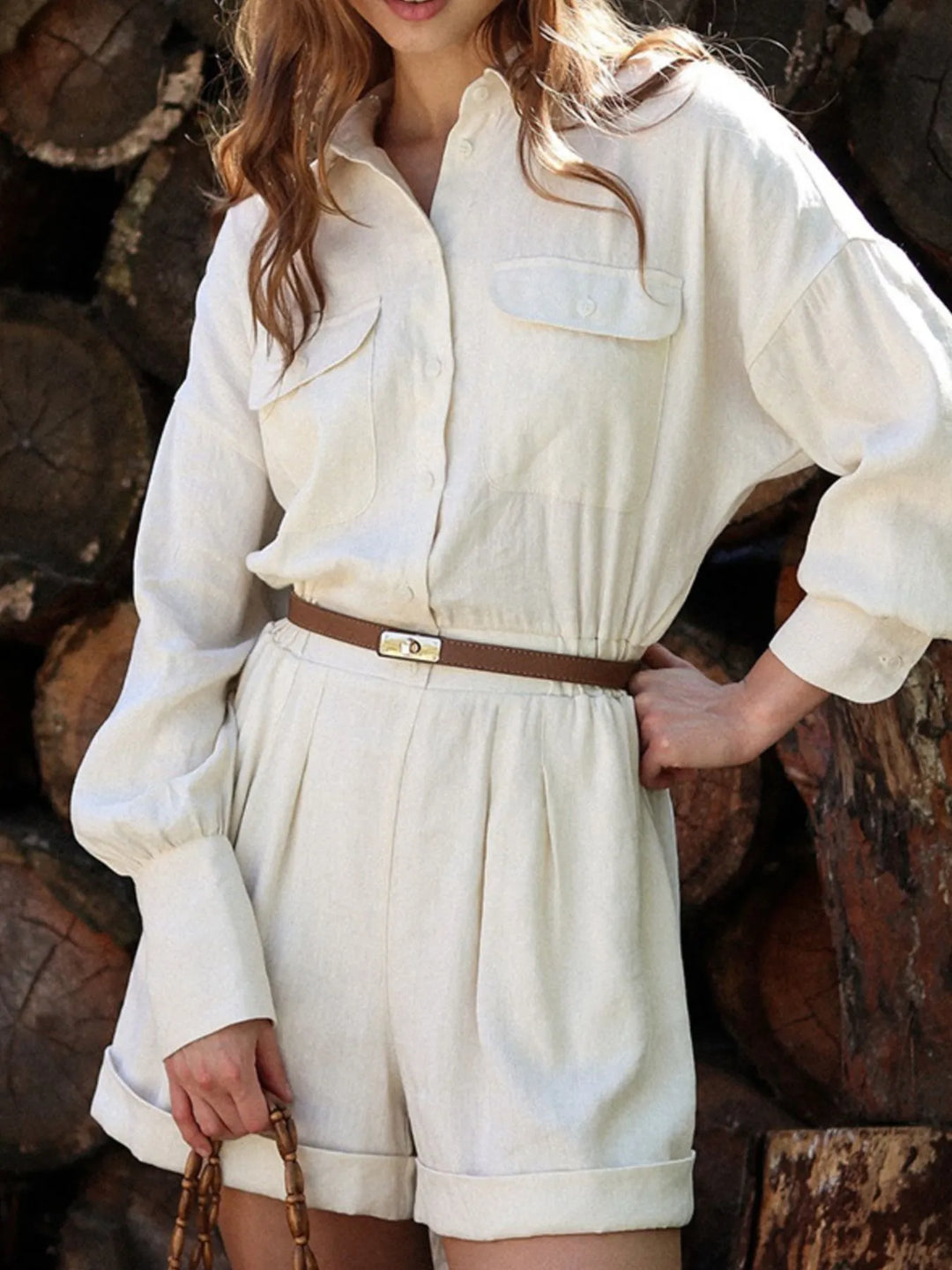 Beige Casual Button Front Long Sleeve Romper | Rompers Daverri Fashions