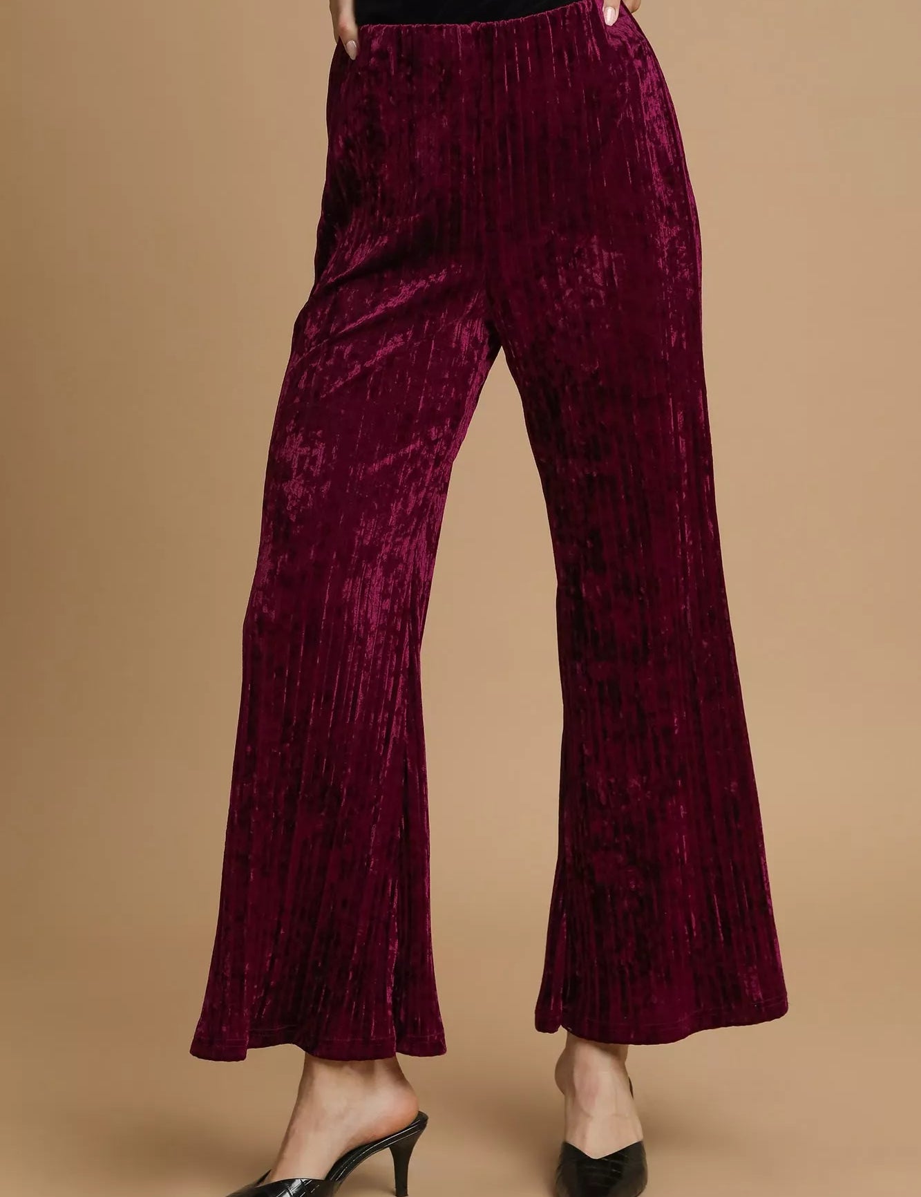Burgundy Umgee Velvet Pleated Wide Leg Pants | Pants Daverri Fashions