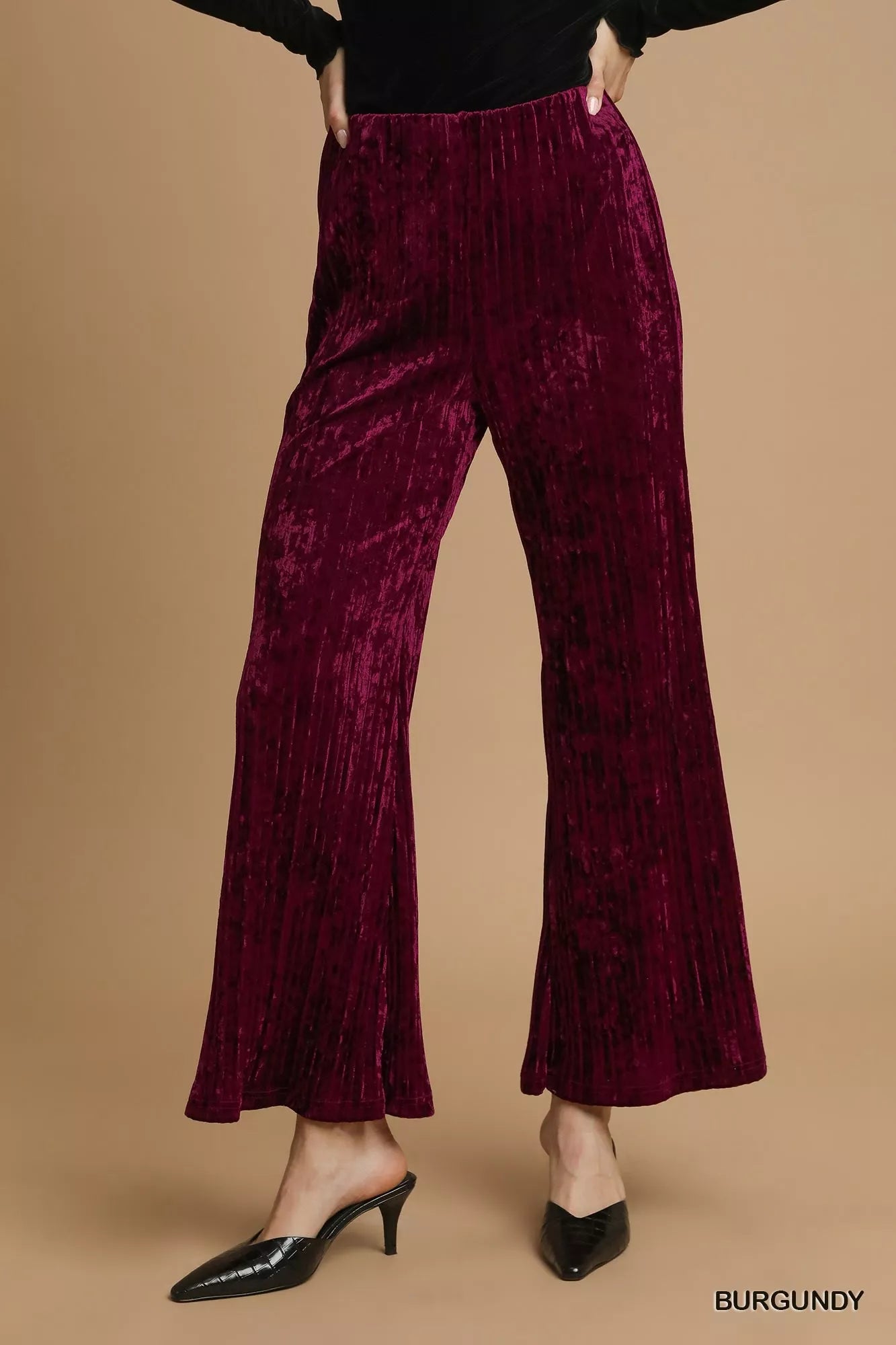 Burgundy Umgee Velvet Pleated Wide Leg Pants | Pants Daverri Fashions