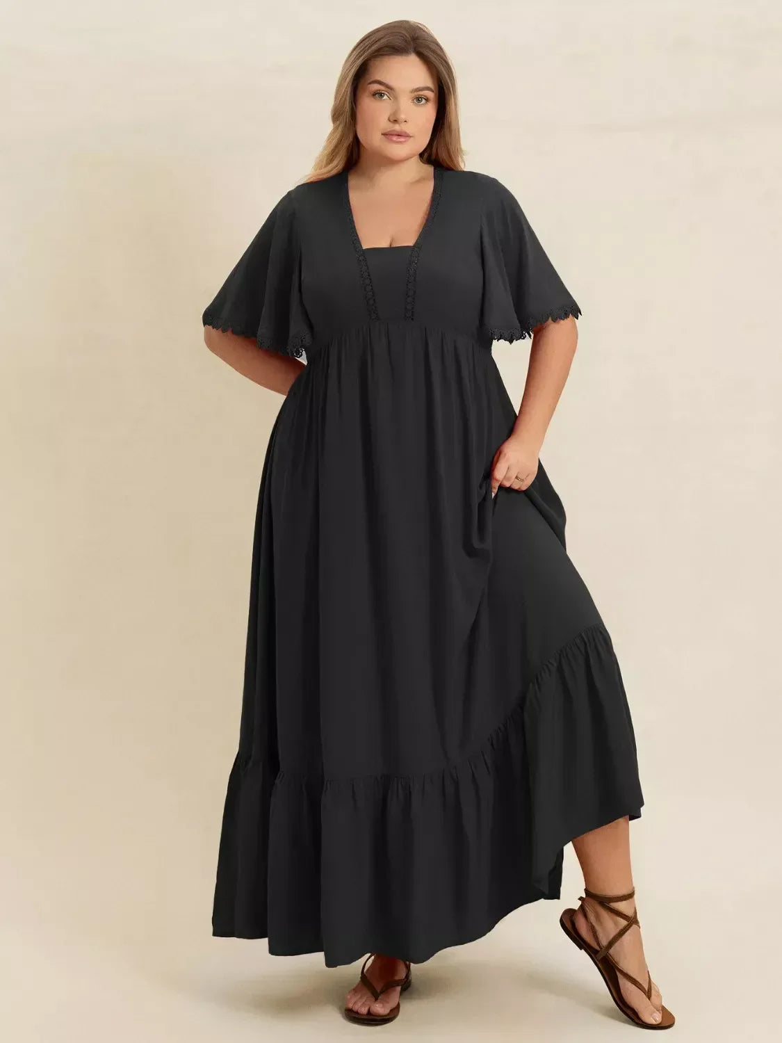 Plus Size Boho Ruffled Maxi Dress with Flutter Sleeves - DAVERRI FASHIONS