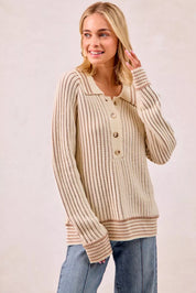 BiBi Half Button Ribbed Two Tone Sweater | Sweaters Daverri Fashions