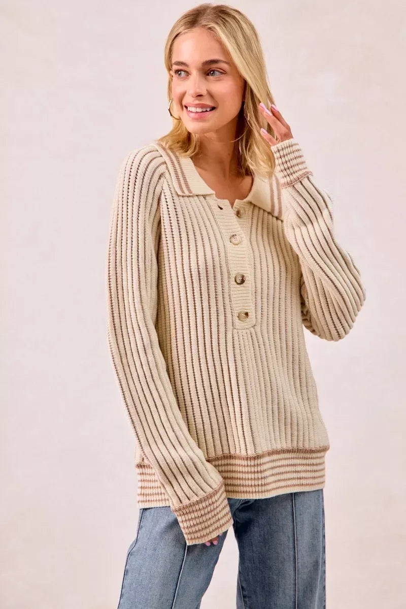 BiBi Half Button Ribbed Two Tone Sweater - DAVERRI FASHIONS