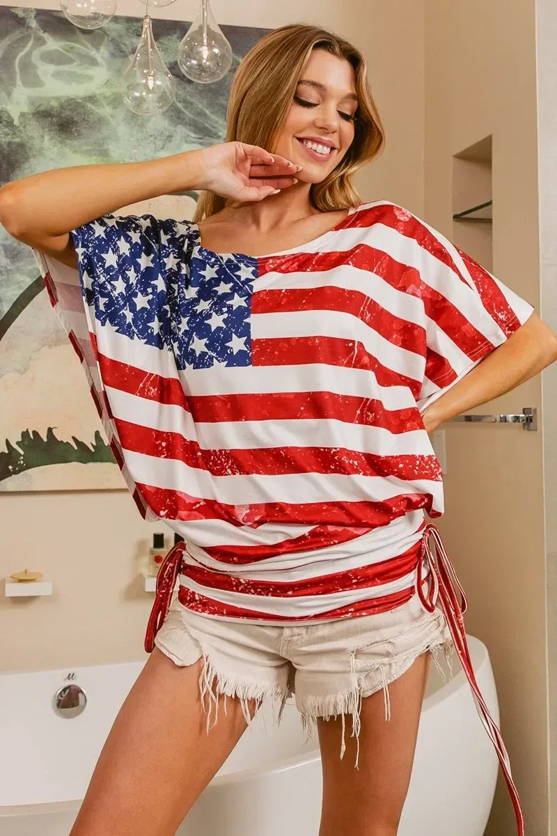 BiBi American Flag Printed Side Ruched Details Knit Top - DAVERRI FASHIONS