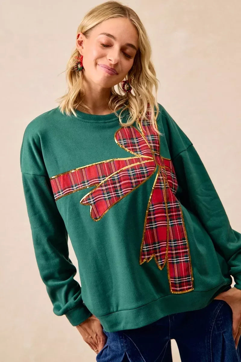 BiBi Plaid Ribbon Bow Detail Christmas Fleece Pullover - DAVERRI FASHIONS