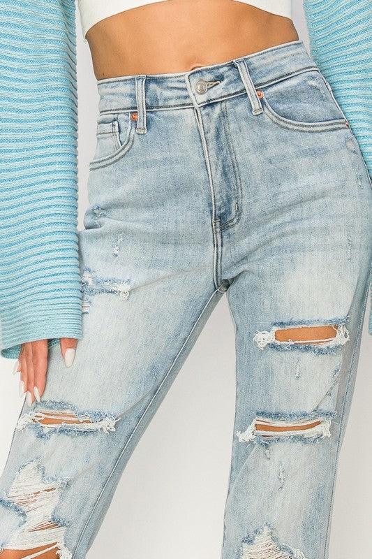 HIGH RISE DISTRESSED STRAIGHT JEANS