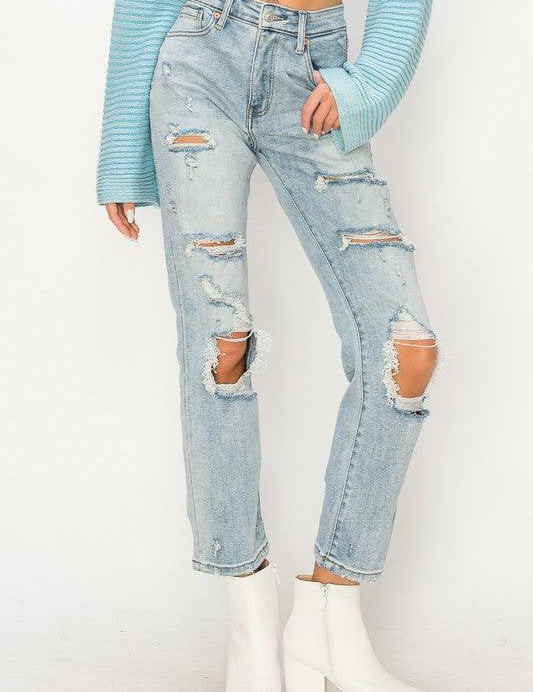 HIGH RISE DISTRESSED STRAIGHT JEANS