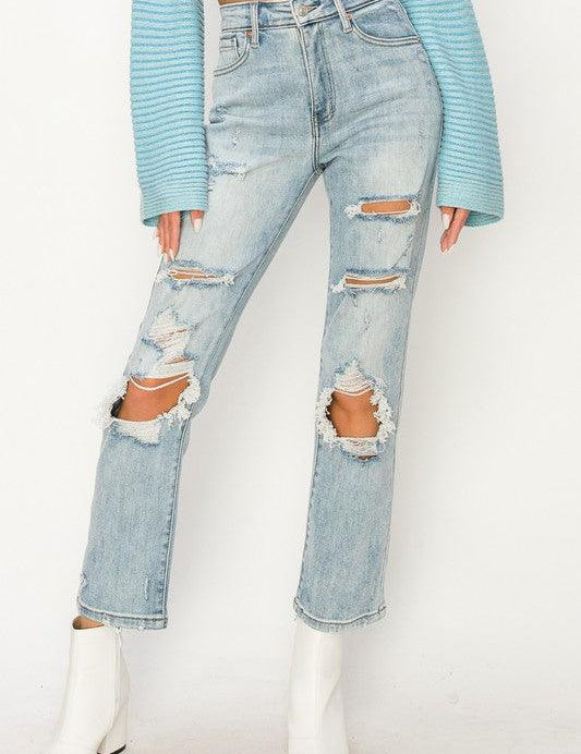 HIGH RISE DISTRESSED STRAIGHT JEANS LIGHT STONE WASH