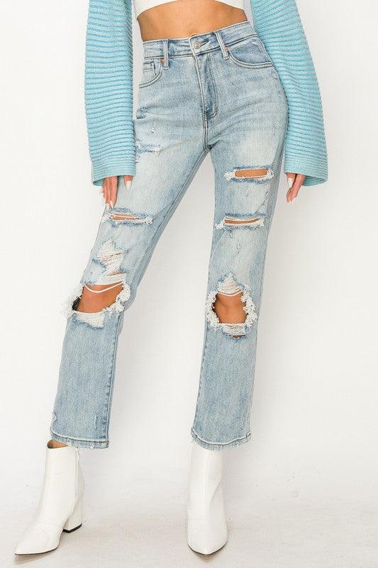 HIGH RISE DISTRESSED STRAIGHT JEANS LIGHT STONE WASH