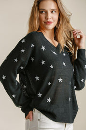 Black Umgee Full Size Star V-Neck Long Sleeve Sweater Plus Size | Sweaters Daverri Fashions