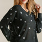 Umgee Full Size Star V-Neck Long Sleeve Sweater Plus Size Black