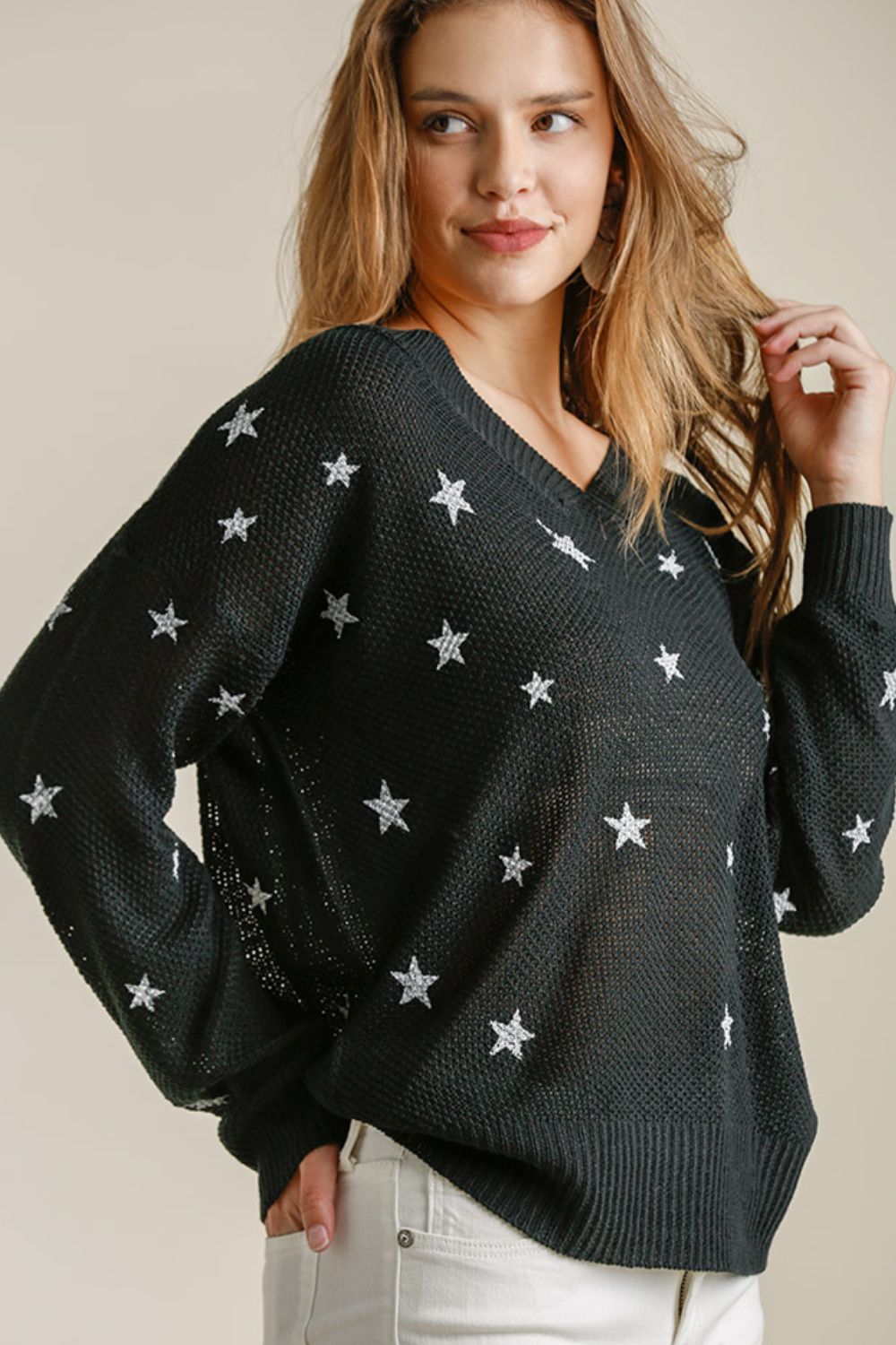 Umgee Full Size Star V-Neck Long Sleeve Sweater Plus Size Black