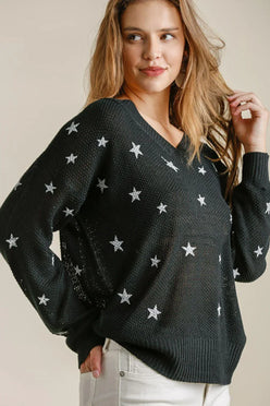 Umgee Full Size Star V-Neck Long Sleeve Sweater Plus Size - DAVERRI FASHIONS