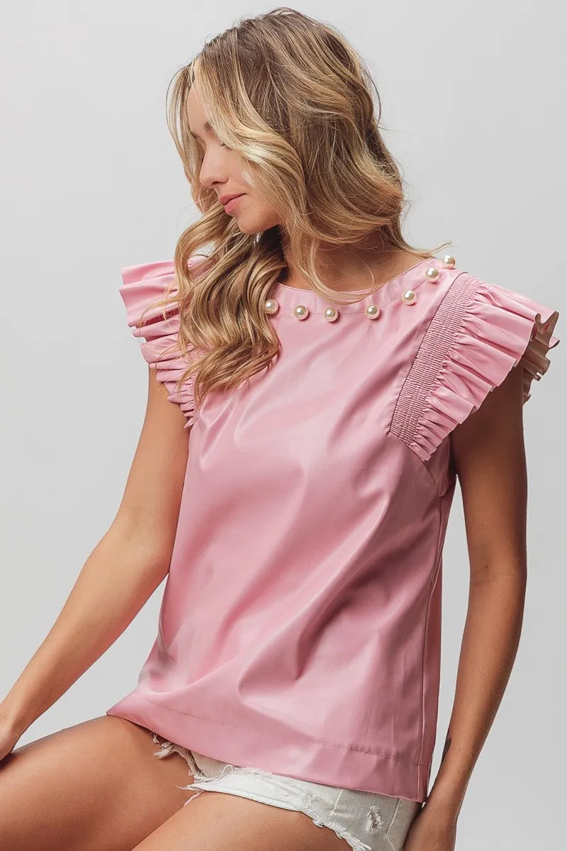 BiBi Leather Look Smocked Ruffled Top Tops