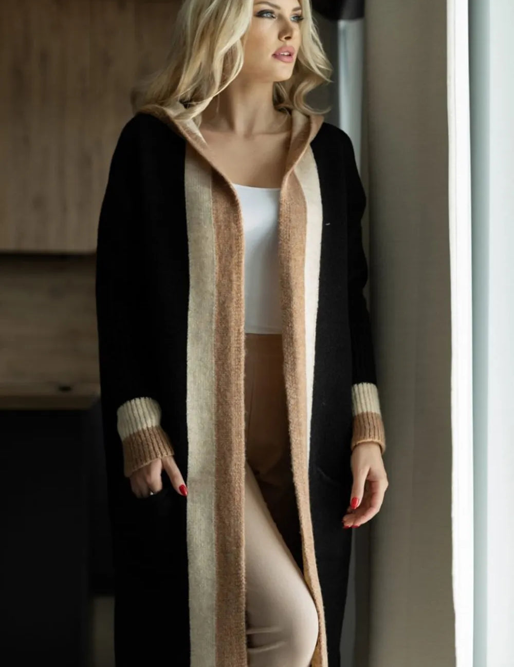 Pocketed Contrast Long Sleeve Hooded Cardigan | Cardigans Daverri Fashions
