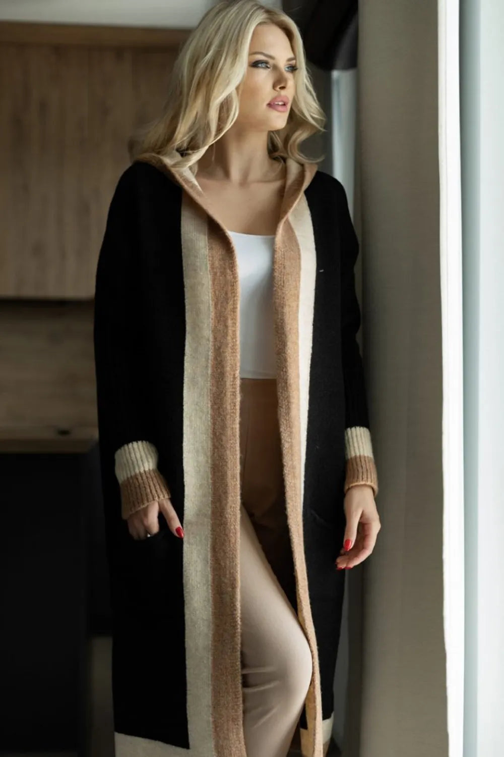 Pocketed Contrast Long Sleeve Hooded Cardigan | Cardigans Daverri Fashions