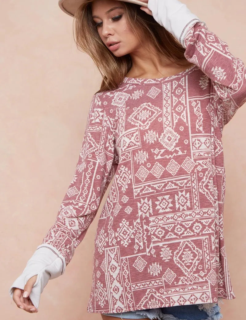 BURGUNDY COMBO BiBi Aztec Print French Terry Top with Thumb Opening | Tops Daverri Fashions