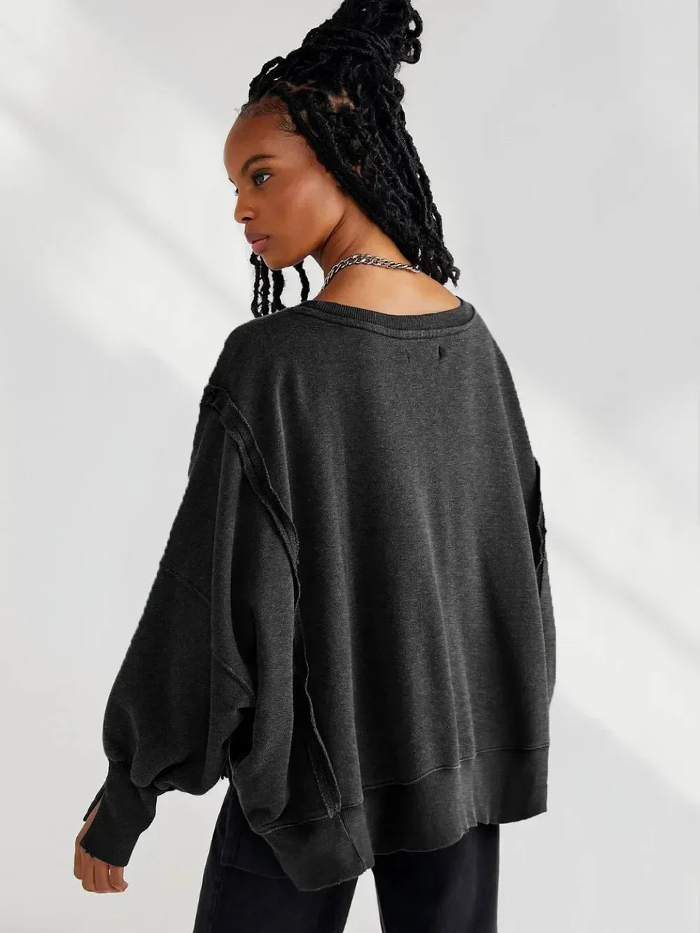 Slit Round Neck Dropped Shoulder Sweatshirt - DAVERRI FASHIONS