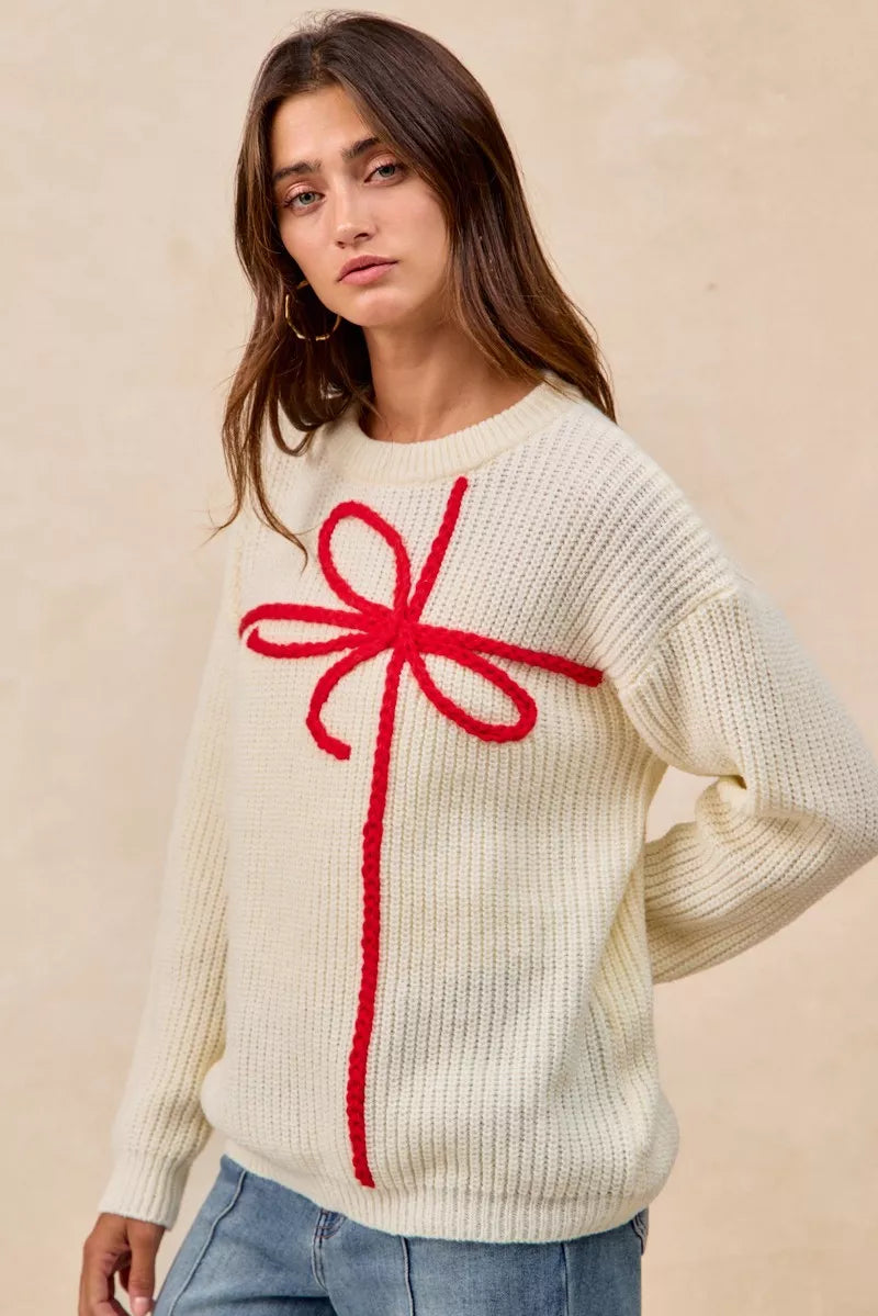 BiBi Christmas Ribbon Bow Embroidery Sweater | Sweaters Daverri Fashions
