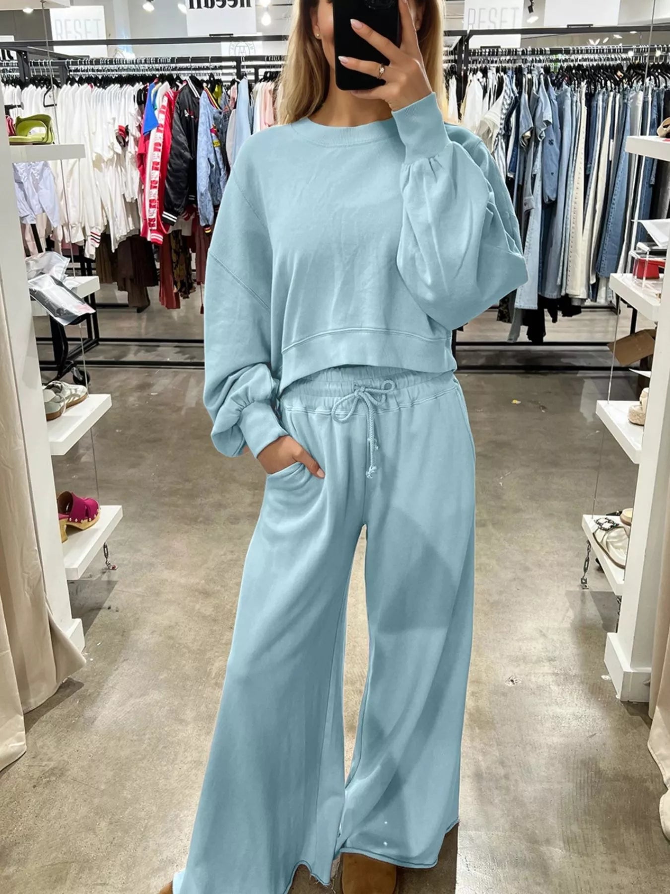 Drop Shoulder Puff Sleeve Crop Top and Drawstring Wide Leg Pants Set | Loungewear Sets Daverri Fashions