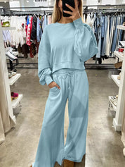 Drop Shoulder Puff Sleeve Crop Top and Drawstring Wide Leg Pants Set | Loungewear Sets Daverri Fashions